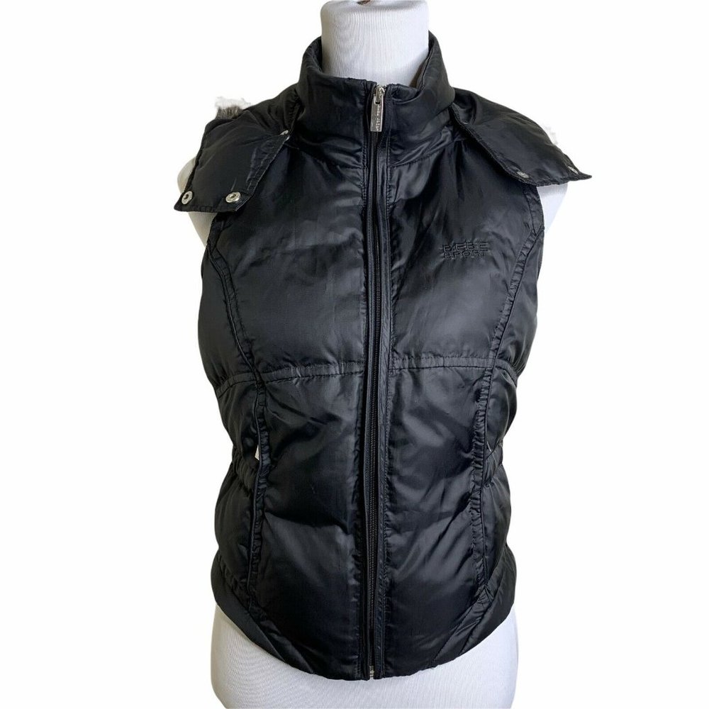 Bebe Sport Black Down Filled Fur Hood Zipper Pockets Full Zip Up Vest Jacket M